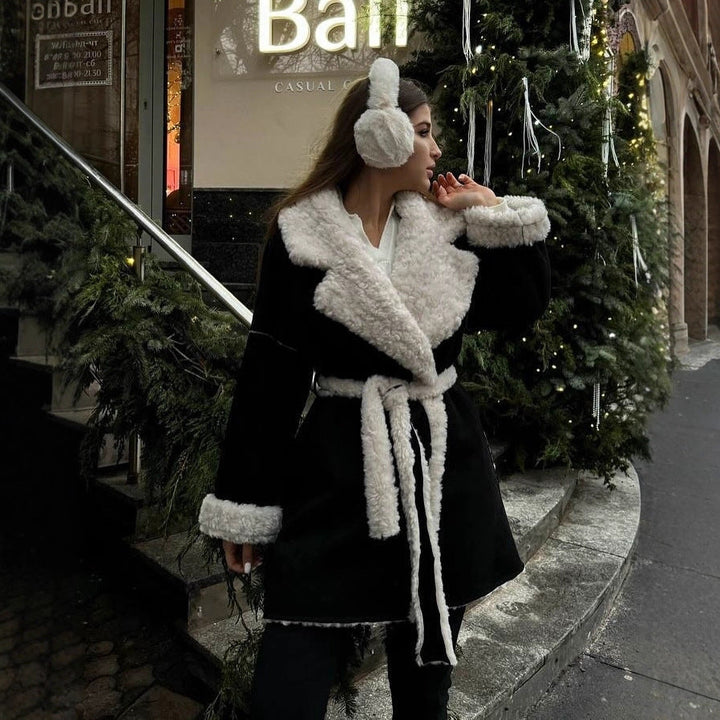 Women Short Oversized Winter Coat with Teddy Lining and Waist Belt