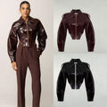 Women's cropped jacket in corset style made of leather look with emphasized shoulders