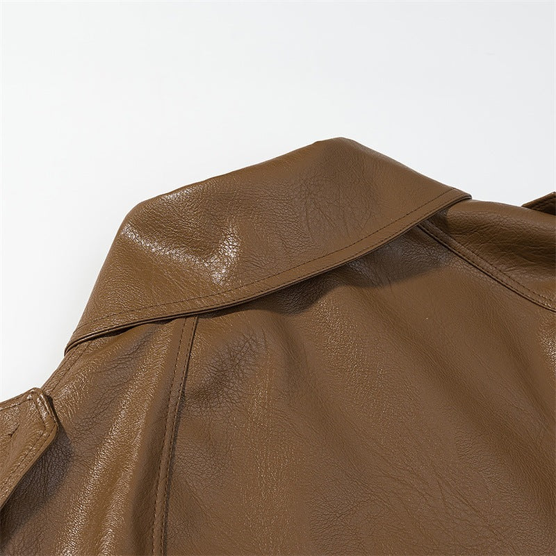 Women Cropped Faux Leather Trench Coat with Waist Belt, Double Breasted and Epaulettes
