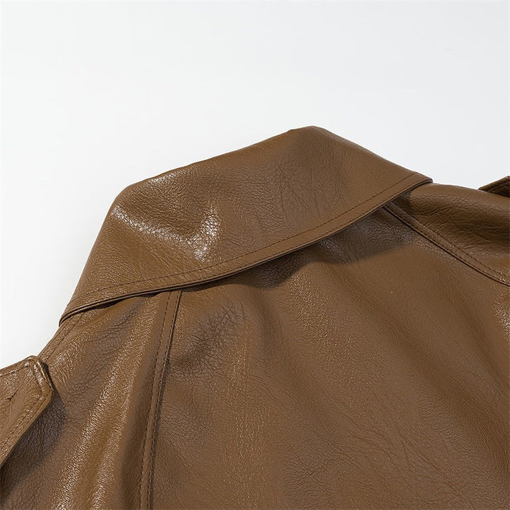 Women Cropped Faux Leather Trench Coat with Waist Belt, Double Breasted and Epaulettes