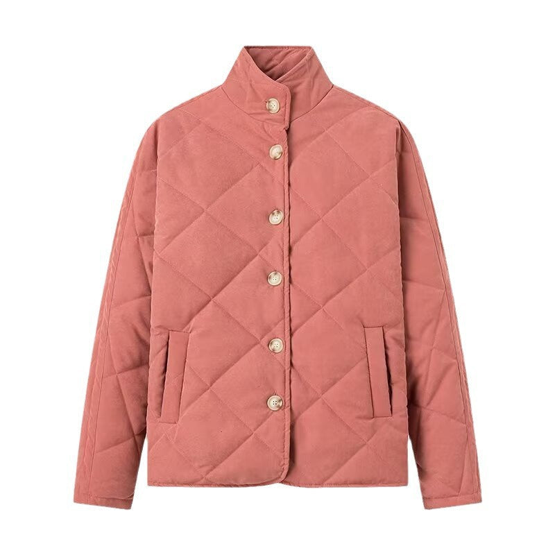 Women Padded Quilted Jacket with Stand-up Collar and Oversized Cut