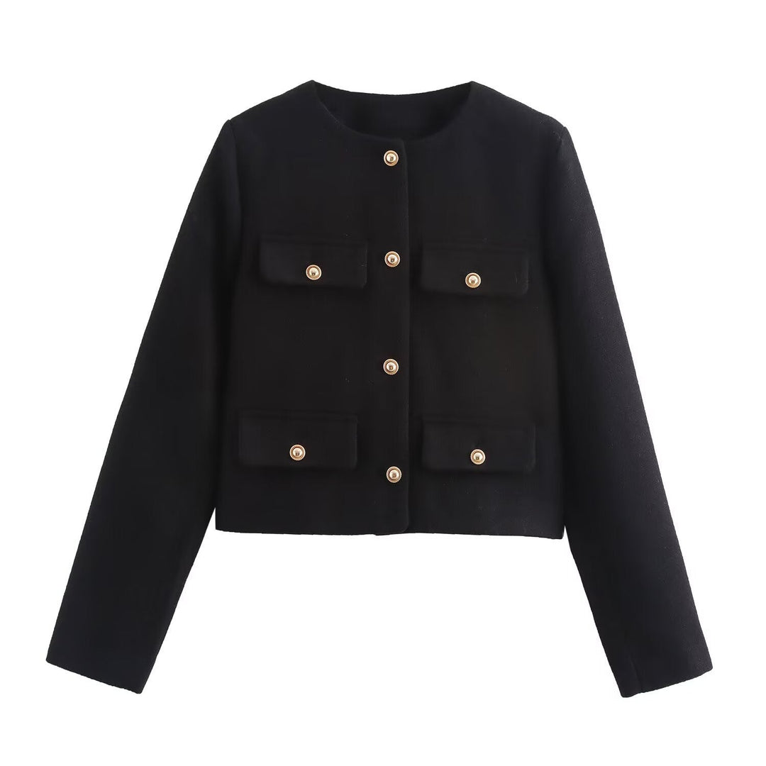 Women Short Boucle Blazer Jacket with Round Neck, Decorative Pocket Flaps, and Gold-colored Buttons