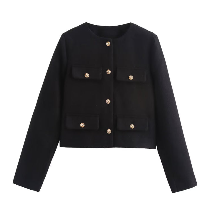 Women Short Boucle Blazer Jacket with Round Neck, Decorative Pocket Flaps, and Gold-colored Buttons