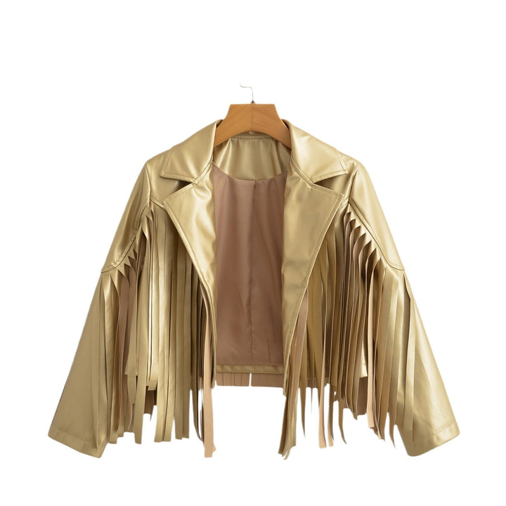 Women’s short jacket in biker style with metallic look and long leather fringes