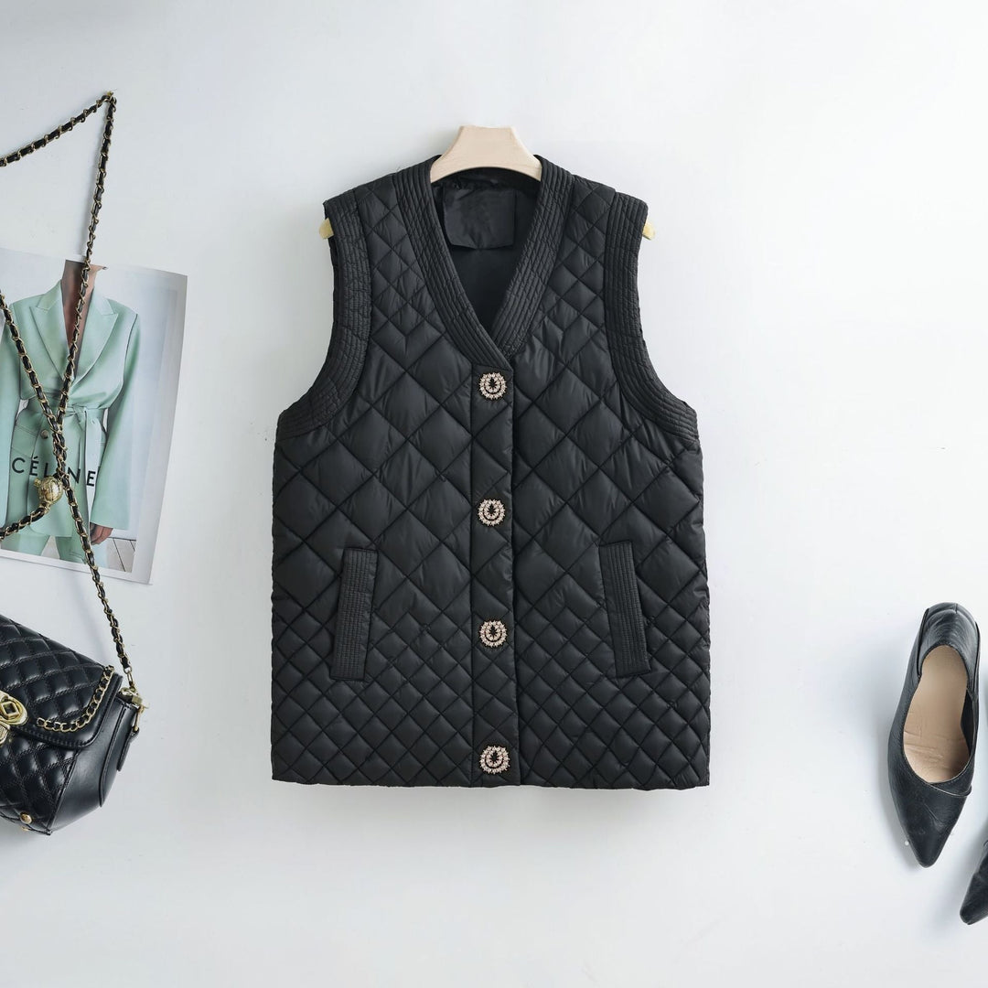 Ladies nano quilted vest with decorative buttons and V-neck