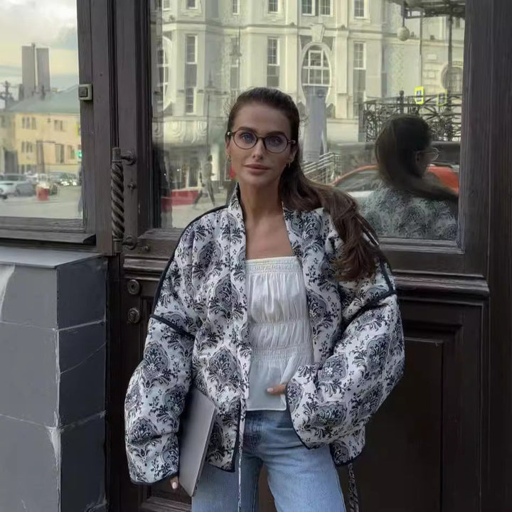 Women padded kimono jacket with waist belt and ornamental print