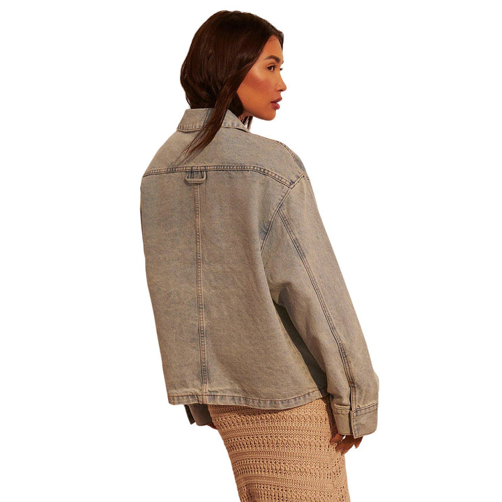 Women Oversize Utility Denim Jacket with Large Flap Pockets and Button-Down Front