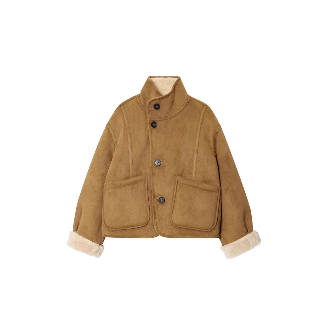 Women Short Jacket made of Suede Leatherette with Teddy Lining and Stand-Up Collar
