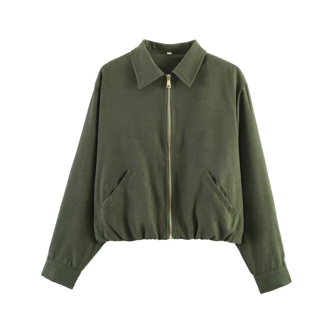 Ladies cropped blouson jacket in velour look with shirt collar, elastic hem and side pockets