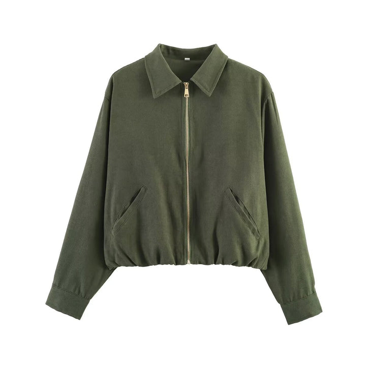 Ladies cropped blouson jacket in velour look with shirt collar, elastic hem and side pockets