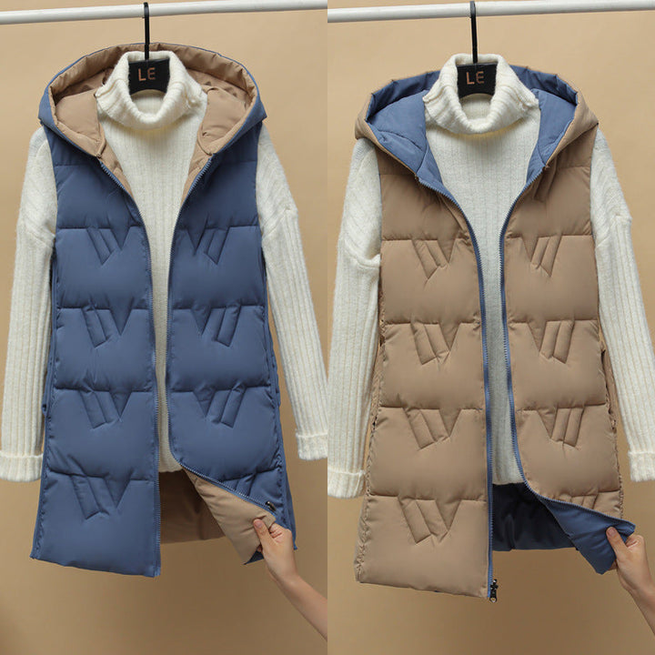 Women’s quilted long padded hooded vest with zip