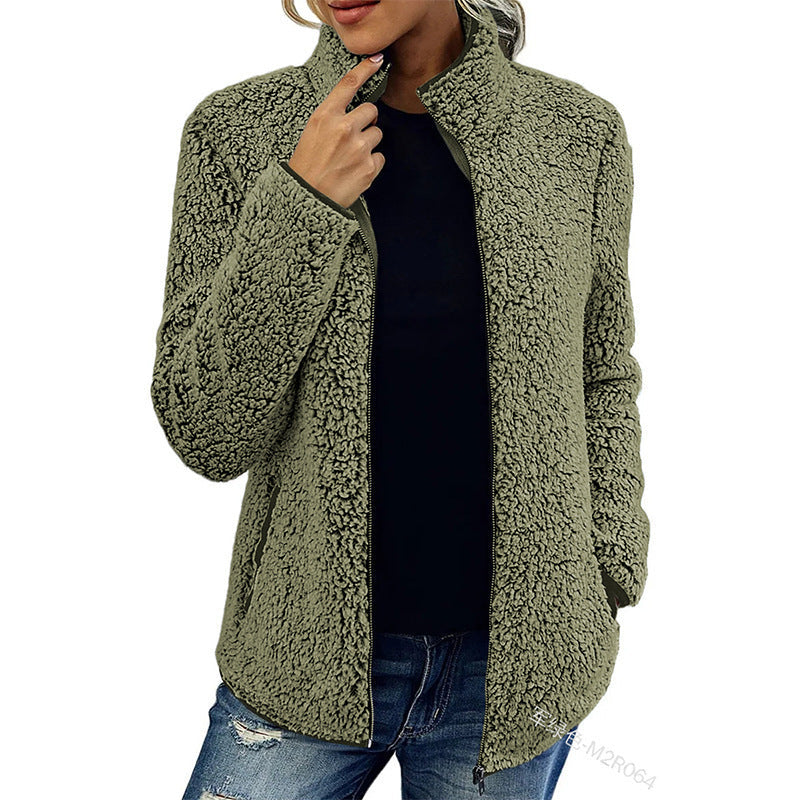 Women cosy teddy fleece jacket with stand-up collar and zip