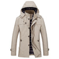 Men's water-repellent hooded field jacket with checked thermal lining, concealed zip placket, and functional pockets.