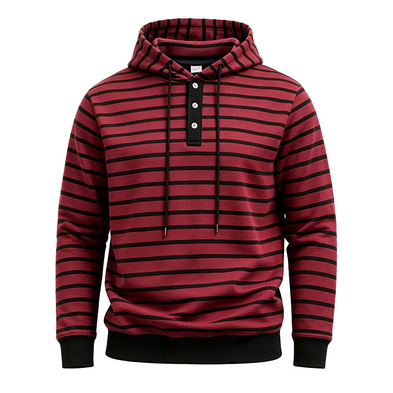 Men Striped Hoodie with Henley Placket, Drawstring and Ribbed Cuffs