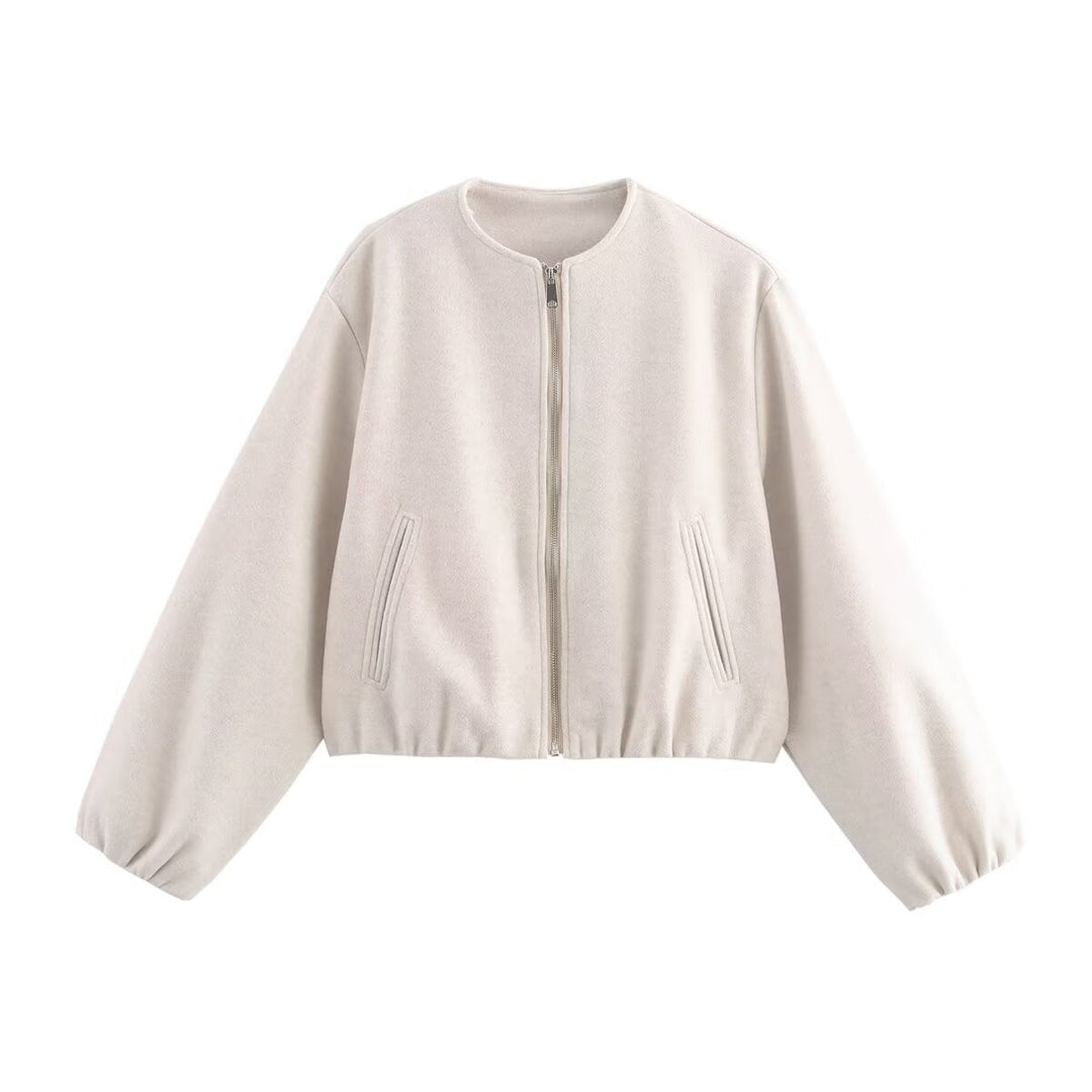 Women Short Wool Look Cropped Jacket with Zip, Round Neck and Balloon Sleeves