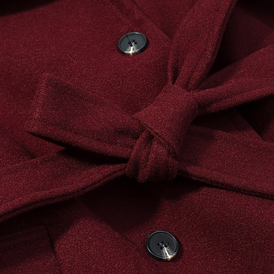 Women Maxilength Wool Blend Trench Coat with Shoulder Yoke, Tie Belt and Roll-Up Sleeves