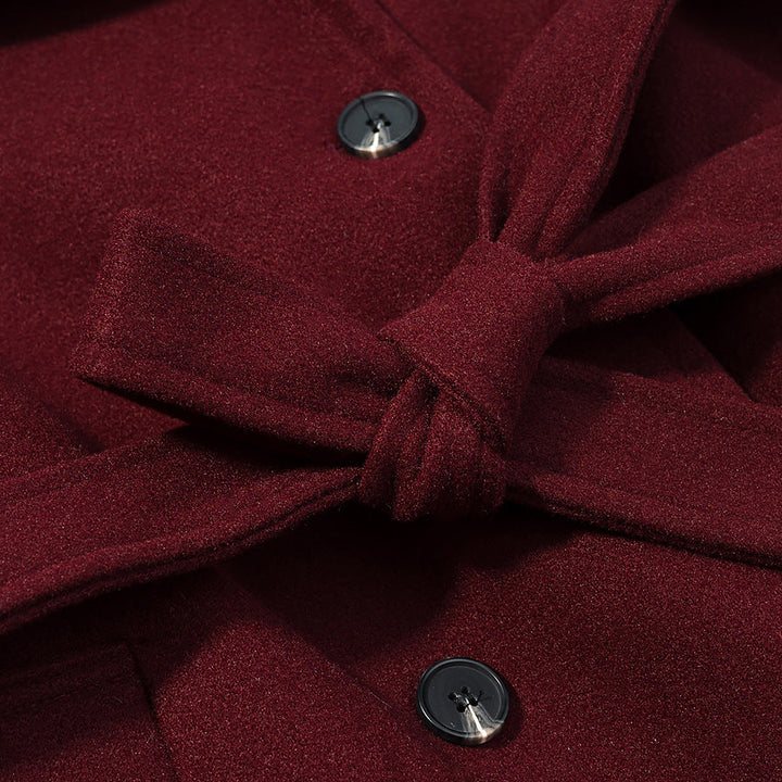 Women Maxilength Wool Blend Trench Coat with Shoulder Yoke, Tie Belt and Roll-Up Sleeves