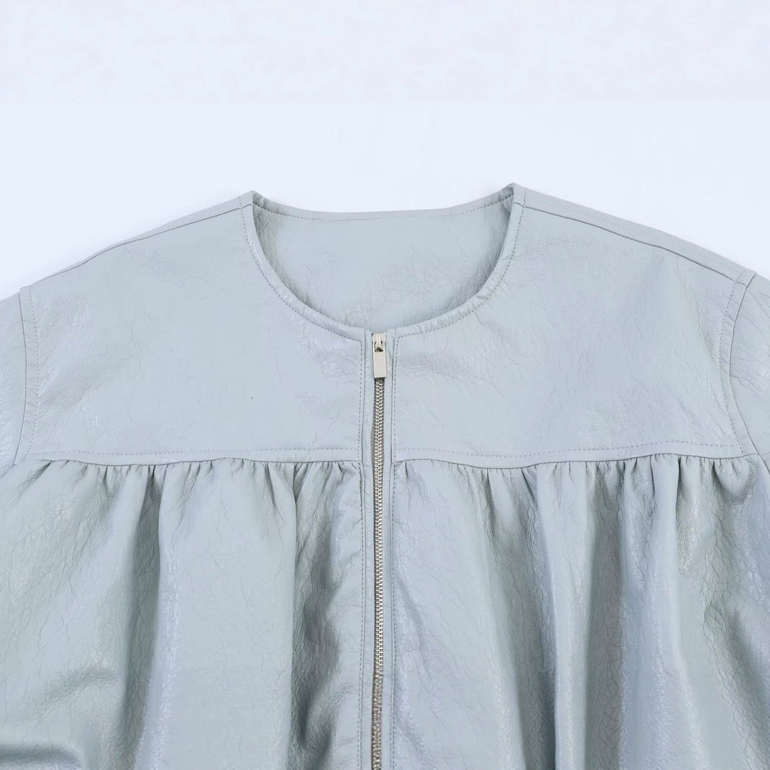Women Oversize Faux Leather Jacket with Round Neck, Gathered Yoke and Balloon Sleeves
