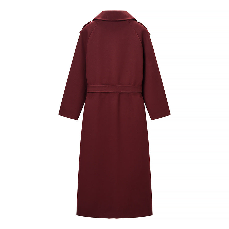 Women Maxilength Wool Blend Trench Coat with Shoulder Yoke, Tie Belt and Roll-Up Sleeves