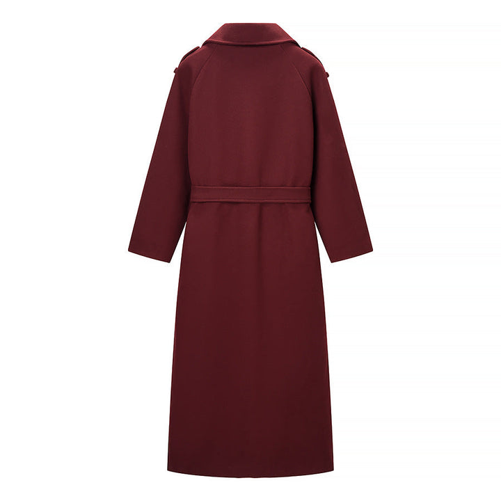 Women Maxilength Wool Blend Trench Coat with Shoulder Yoke, Tie Belt and Roll-Up Sleeves