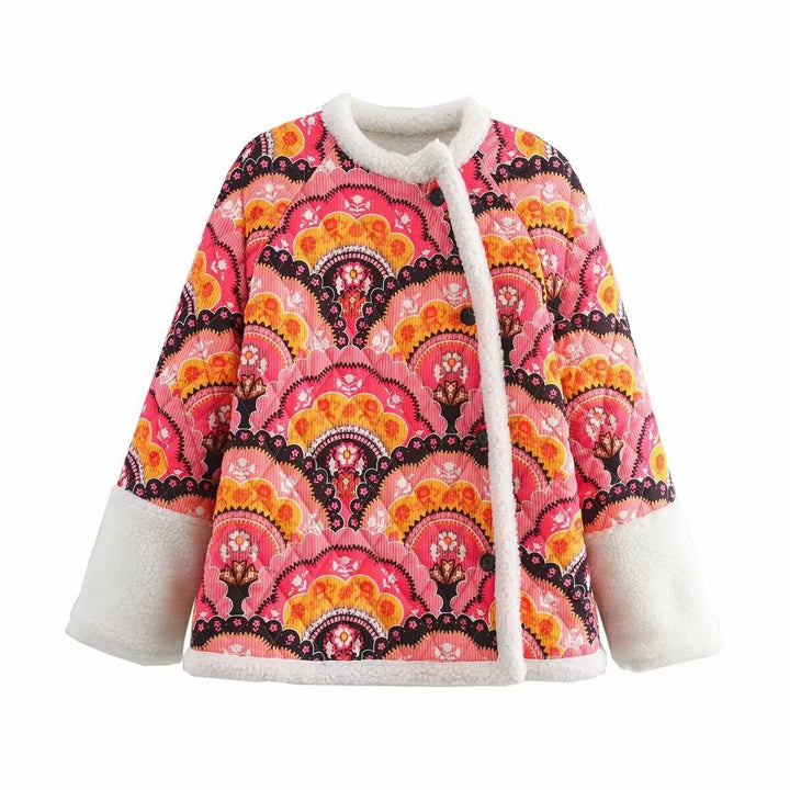 Women quilted jacket with teddy lining and retro-inspired allover print