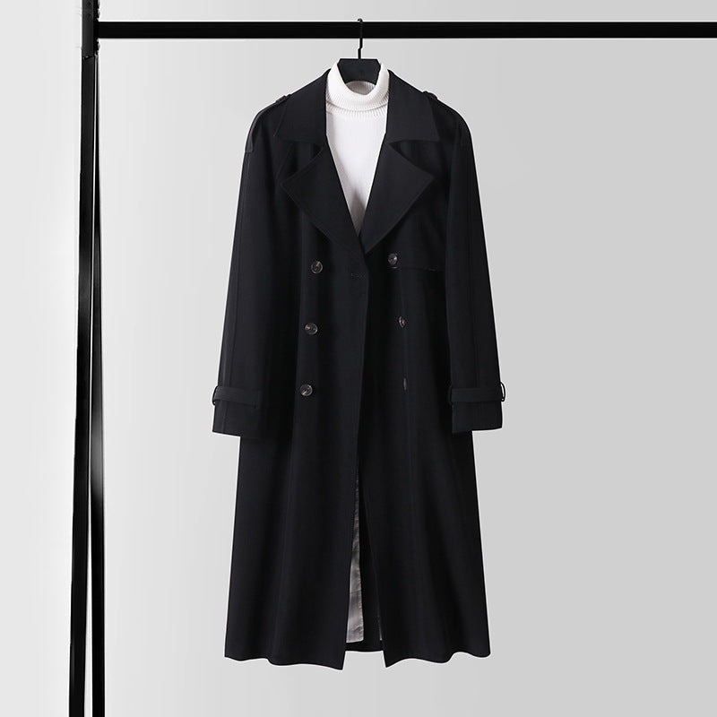 Ladies Elegant Maxi Trench Coat made of wool blend with wide shawl collar and tie belt