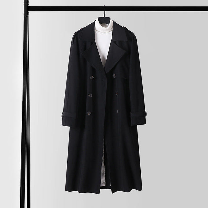 Ladies Elegant Maxi Trench Coat made of wool blend with wide shawl collar and tie belt