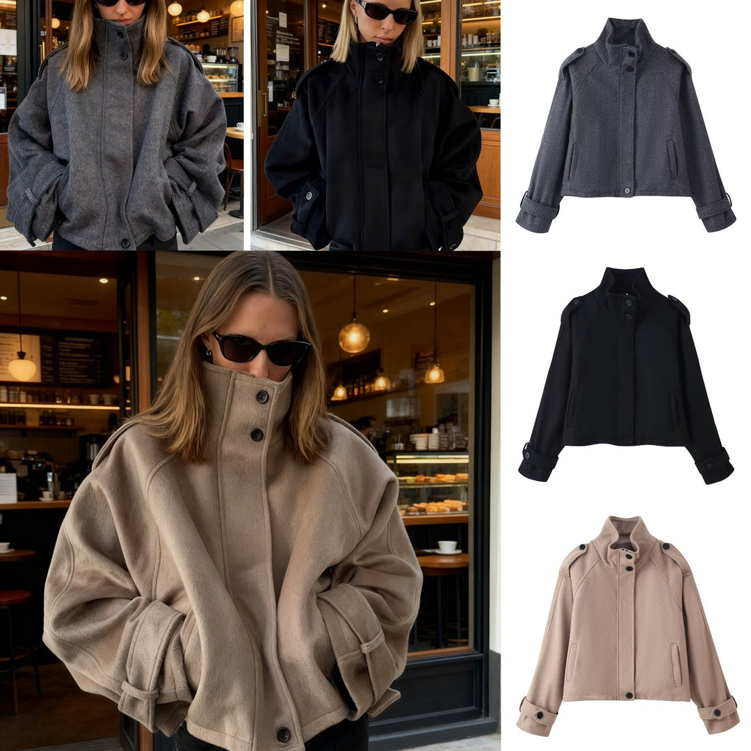 Women Short Wool Blend Jacket with Stand-Up Collar, Shoulder Flaps and Adjustable Cuffs