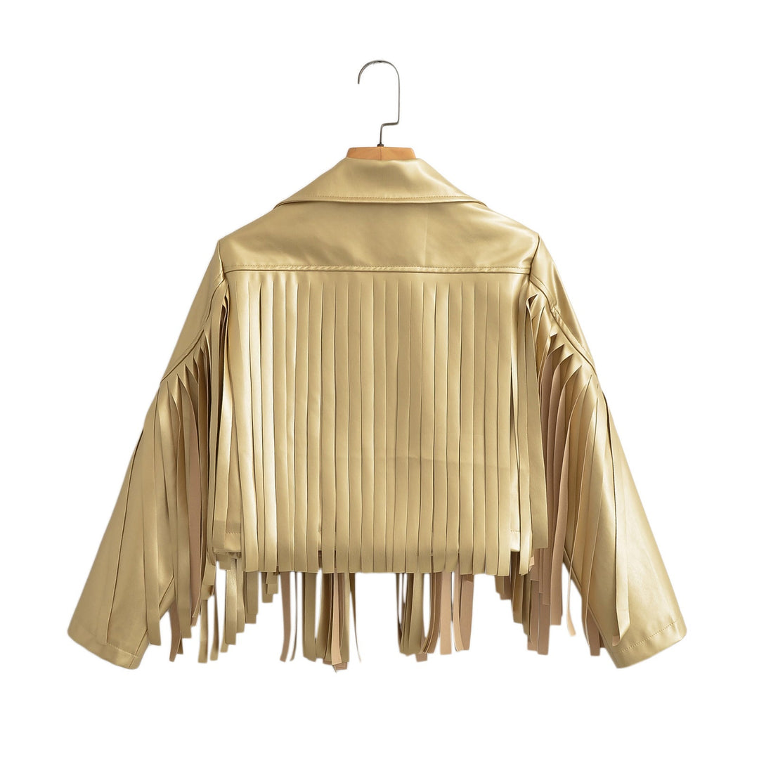 Women’s short jacket in biker style with metallic look and long leather fringes