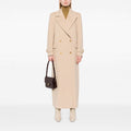 Ladies Maxi Coat with double-breasted button placket, wide lapels and patch pockets