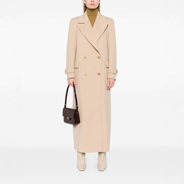 Ladies Maxi Coat with double-breasted button placket, wide lapels and patch pockets