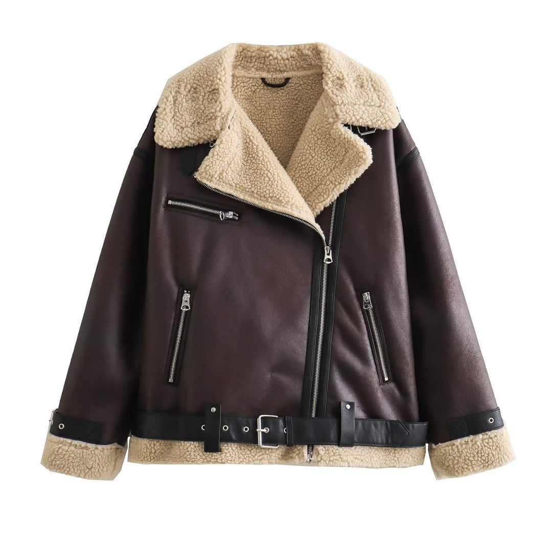Ladies aviator jacket in biker style with teddy lining, faux leather trim and waist belt