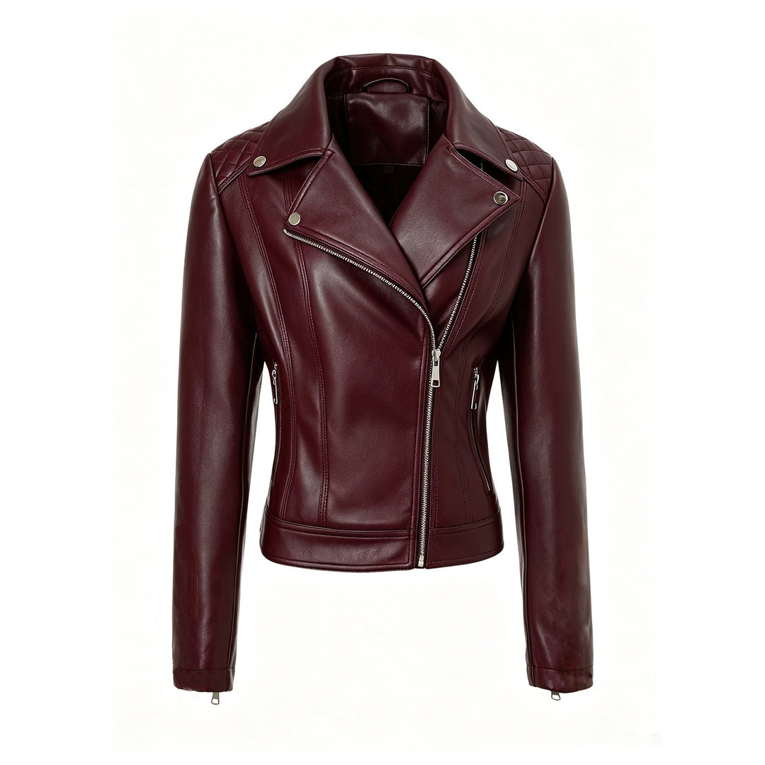 Women tailored biker leather jacket with quilted shoulders and asymmetric zip