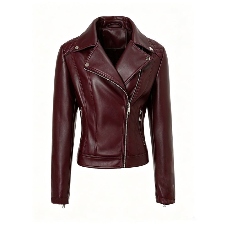 Women tailored biker leather jacket with quilted shoulders and asymmetric zip