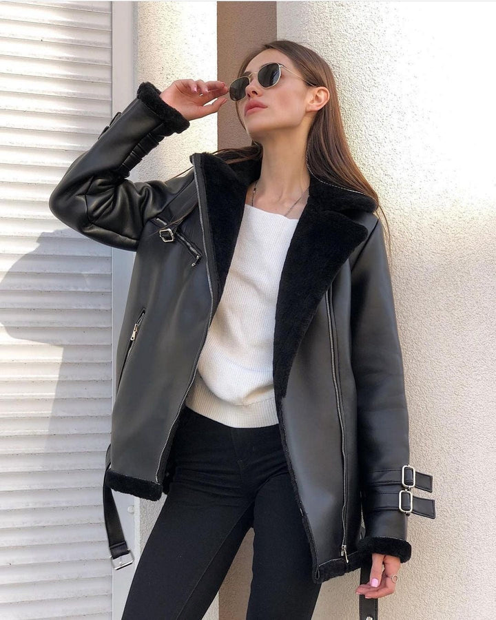 Women Oversized Faux Leather Pilot Jacket with Teddy Fur Lining and Buckles