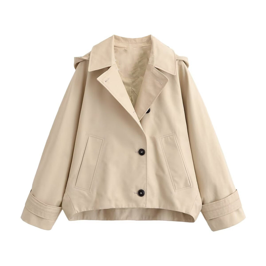 Ladies short trench coat in boxy cut with notch collar and piped patch pockets