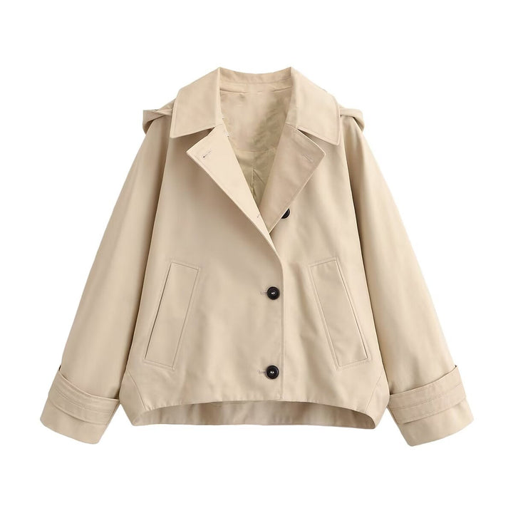 Ladies short trench coat in boxy cut with notch collar and piped patch pockets