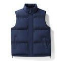 Men's warm quilted outdoor gilet with high collar, concealed snap placket, and adjustable hem