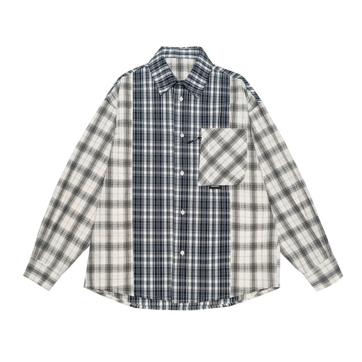 Unisex Oversized Shirt Jacket with Patchwork Check Pattern and Rounded Hem
