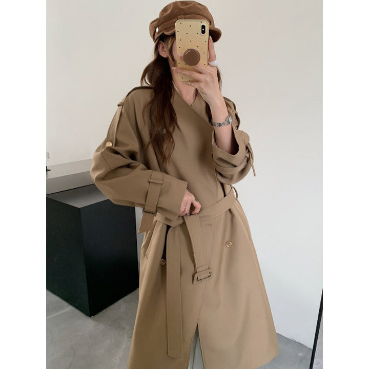 Women Long Cut Trench Coat with Double-Breasted Button Placket and Adjustable Sleeve Straps