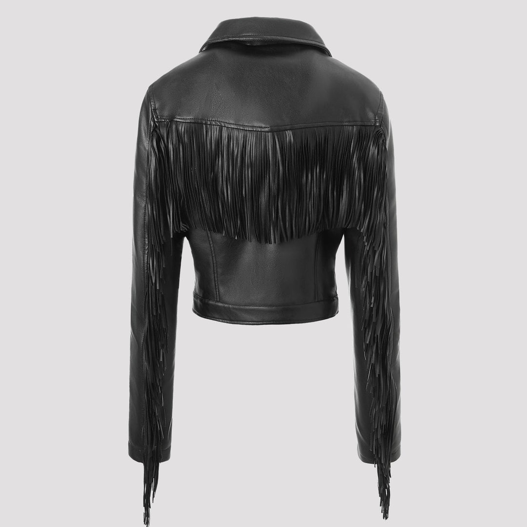 Women short cut fitted biker jacket made of artificial leather with fringes on the sleeves and asymmetric zip
