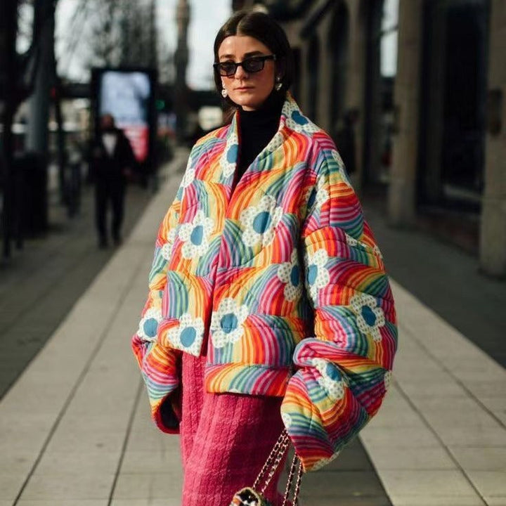 Women Short Oversized Padded Jacket with Colorful Rainbow Stripes and Flower Application
