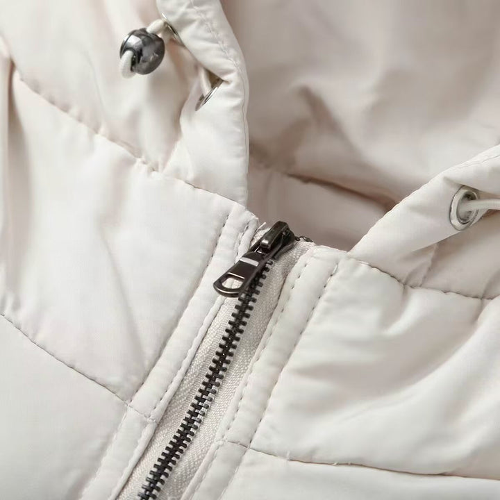 Women short-cut hybrid quilted jacket with hood, waist drawstring and elastic sleeves