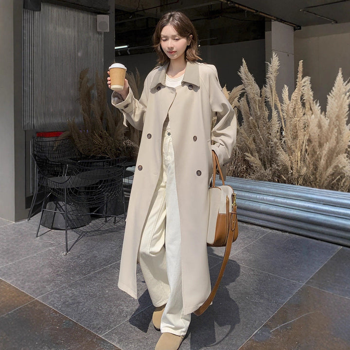 Women Long Cut Minimalist Trench Coat with Soft Autumn, Dropped Shoulders and Adjustable Sleeve Straps