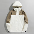 Men's two-layer technical hooded outdoor jacket with high closing stand-up collar and adjustable hood