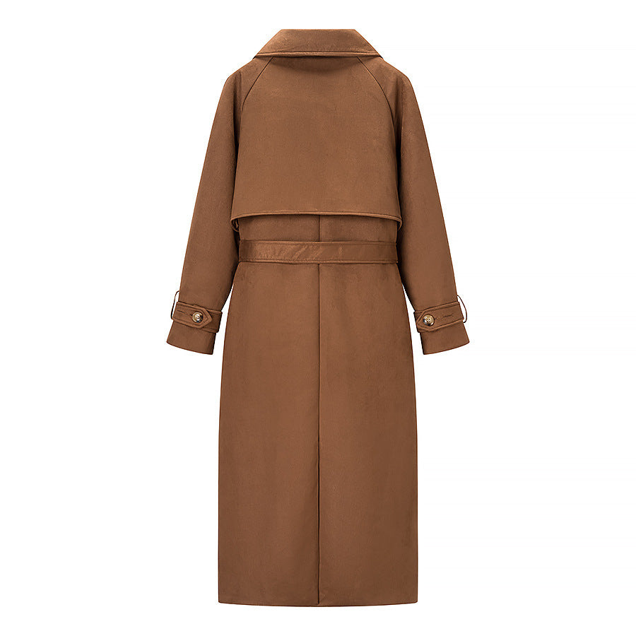 Women Long Double-breasted Coat in Trench Coat Style with Waist Belt and Sleeve Tabs