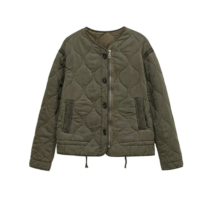 Women quilted transition jacket with zip and button placket, round neck and drawstring