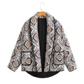Women's Quilted Kimono Jacket with Ethno Print, Contrast Piping and Patch Pockets