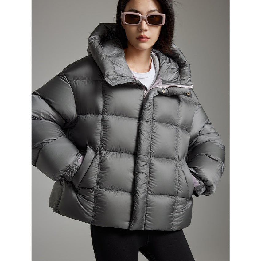 Ladies Short Boxy Quilted Jacket with Oversized Sleeves, High Thermal Collar and Hood