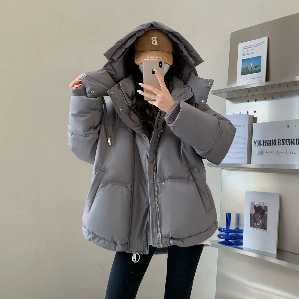 Women’s oversized quilted short jacket with hood, windproof lining and oversized collar